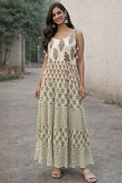 Women Cotton Maxi Dress with Dupatta – Hand Block Printed Long Dress | Floral Motif Boho Dress | Lightweight Summer Ethnic Wear | Natural Fab