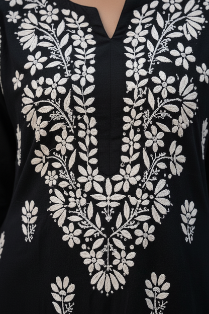 Rayon Black Chikankari Cotton Kurti Set for Women | Handcrafted Embroidered Kurta with Pants | Ethnic Wear for Casual & Festive