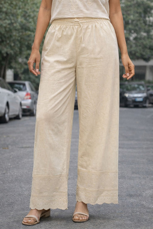 Women’s Pure Cotton Palazzo Pants | Straight Wide-Leg Ethnic Pants with Elastic Waist & Embroidered Hem | Comfortable Summer Wear Bottom