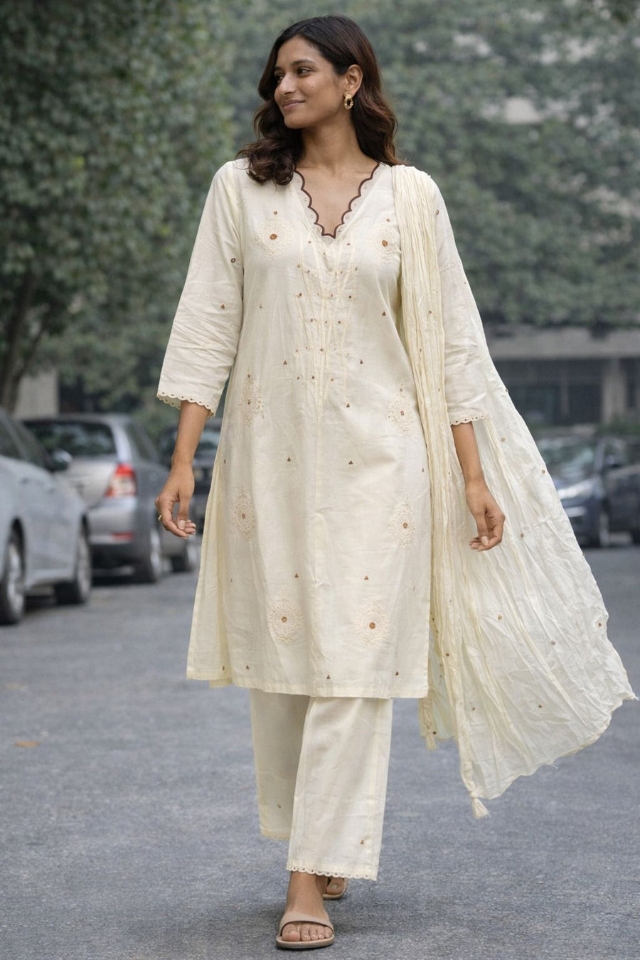 Women’s Pure Cotton Kurta Pant Dupatta Set | Embroidered Straight Kurti with Pants & Cotton Dupatta | Elegant Ethnic Wear for Daily & Festive Use