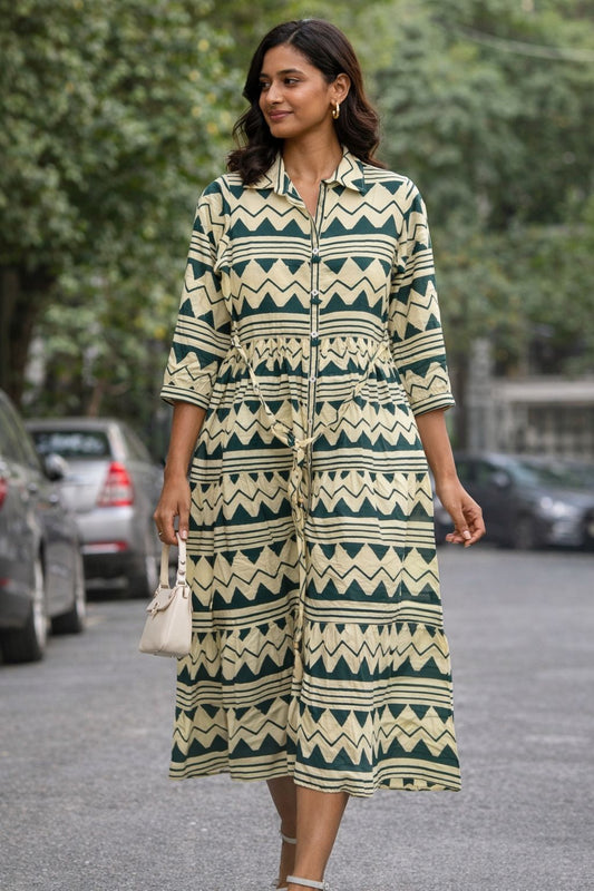 Women’s Pure Cotton Printed Midi Dress | Button-Down Shirt Dress with Waist Tie-Up | Breathable Summer Casual Dress for Daily Wear