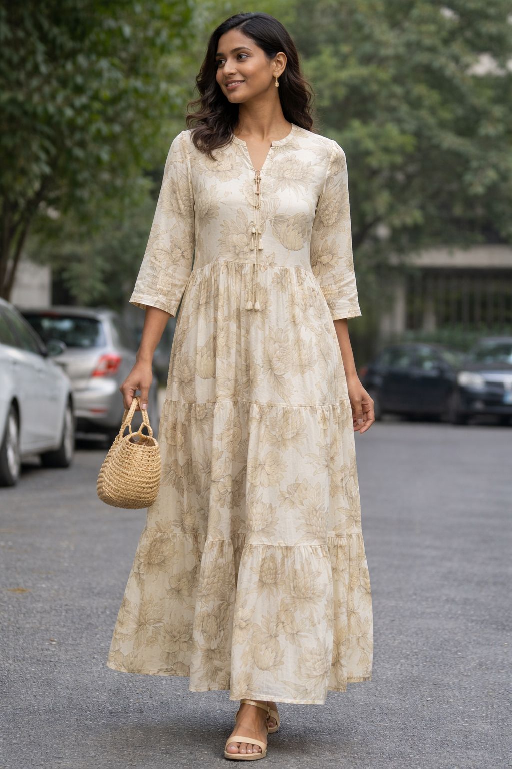 Women’s Pure Cotton Floral Printed Maxi Dress | Tiered A-Line Long Dress with Tassel Tie-Up Neck | Breathable Summer Casual Ethnic Dress