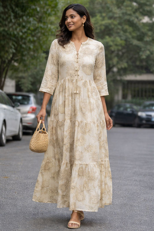 Women’s Pure Cotton Floral Printed Maxi Dress | Tiered A-Line Long Dress with Tassel Tie-Up Neck | Breathable Summer Casual Ethnic Dress