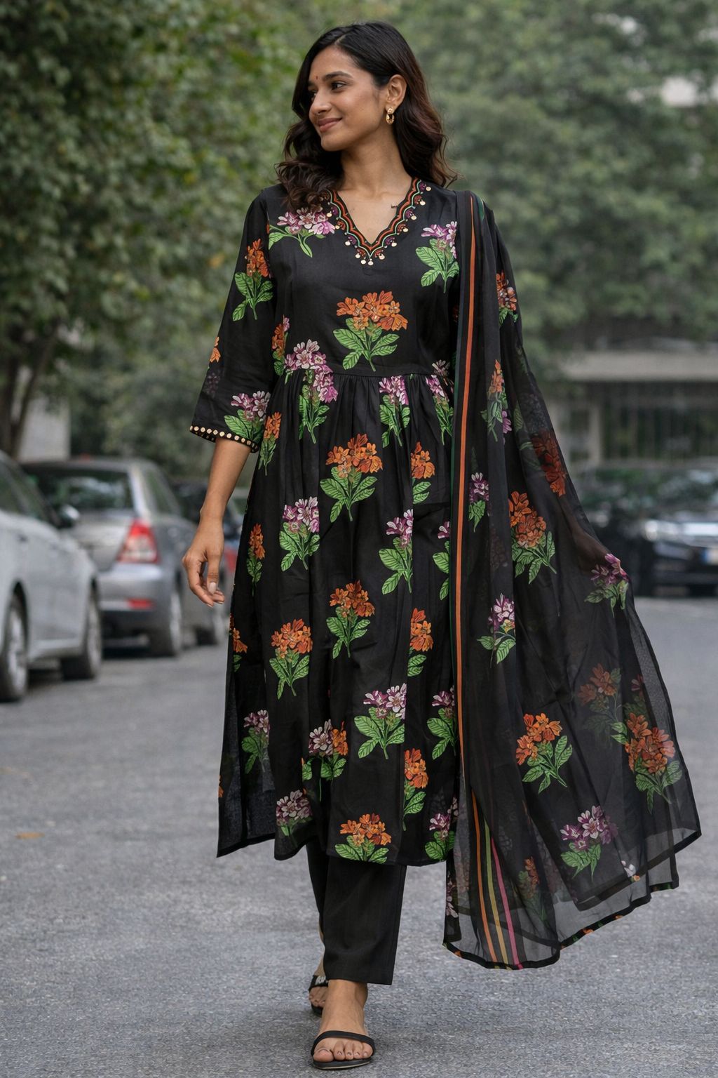 Women’s Pure Cotton Floral Printed Kurti Pant Dupatta Set | Ethnic A-Line Kurta with Straight Pants & Chiffon Dupatta | Summer Wear Kurti Set