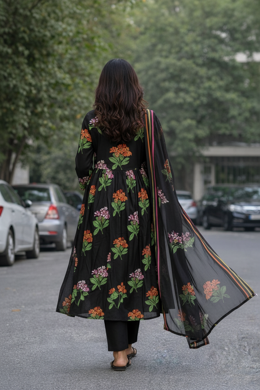 Women’s Pure Cotton Floral Printed Kurti Pant Dupatta Set | Ethnic A-Line Kurta with Straight Pants & Chiffon Dupatta | Summer Wear Kurti Set