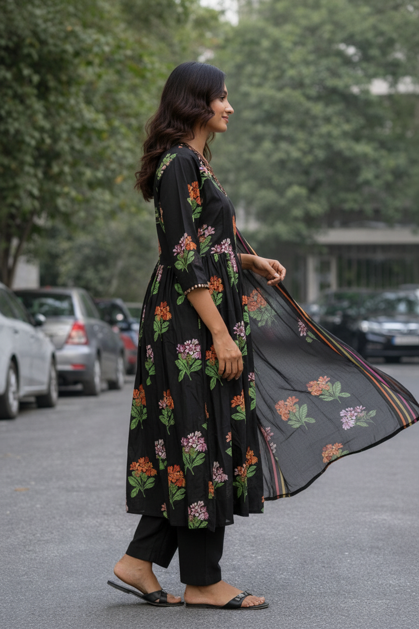 Women’s Pure Cotton Floral Printed Kurti Pant Dupatta Set | Ethnic A-Line Kurta with Straight Pants & Chiffon Dupatta | Summer Wear Kurti Set