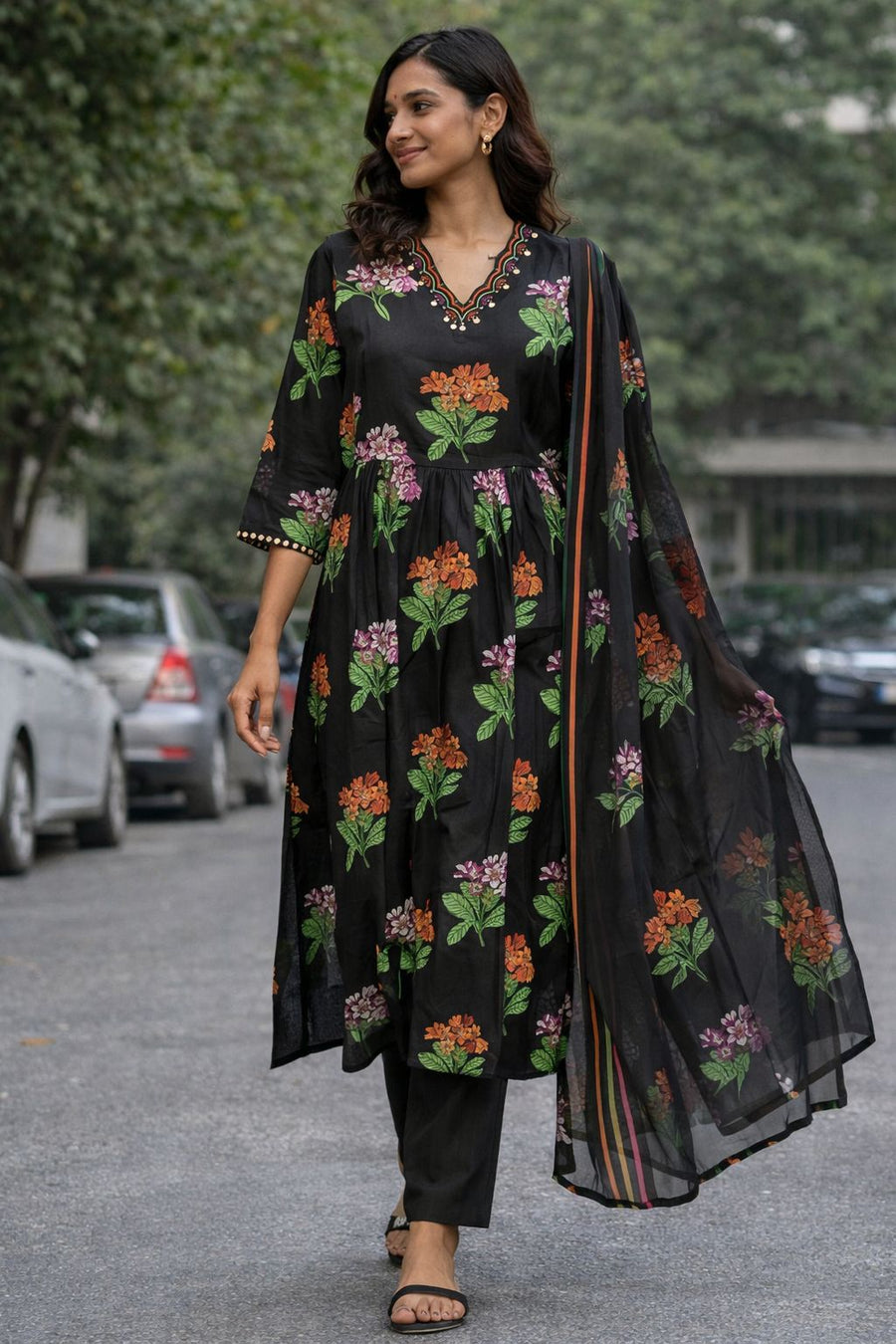 Women’s Pure Cotton Floral Printed Kurti Pant Dupatta Set | Ethnic A-Line Kurta with Straight Pants & Chiffon Dupatta | Summer Wear Kurti Set