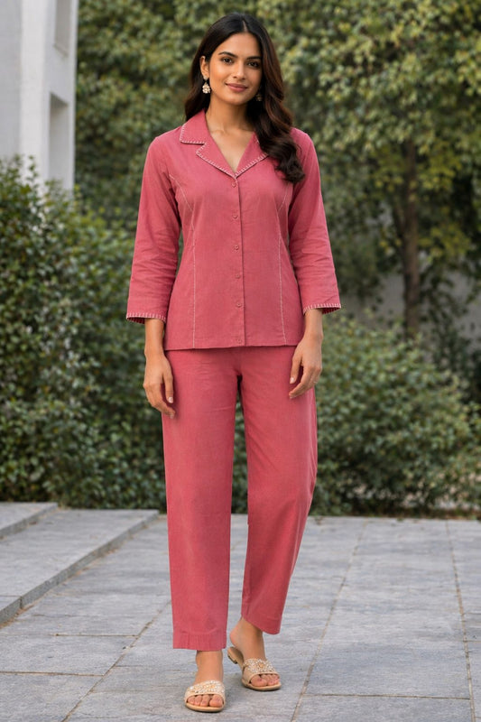 Women’s Cotton Co-Ord Set | Solid Button-Down Top & Straight Pants Set | Comfortable Summer Wear Lounge & Casual Outfit