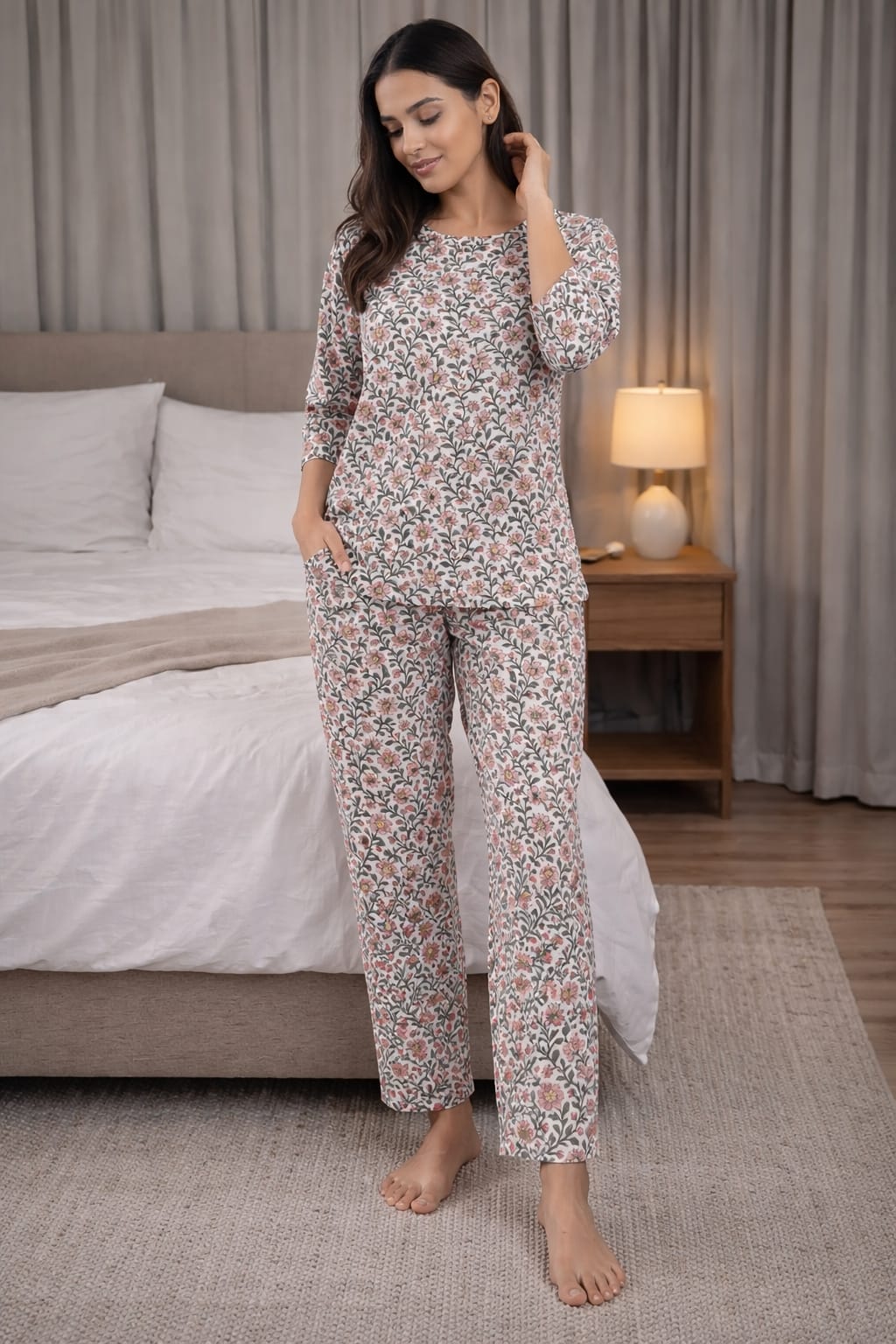 Women’s Pure Cotton Night Suit Set | Floral Printed Top & Pajama Set | Soft Breathable Sleepwear for Comfortable Night & Lounge Wear