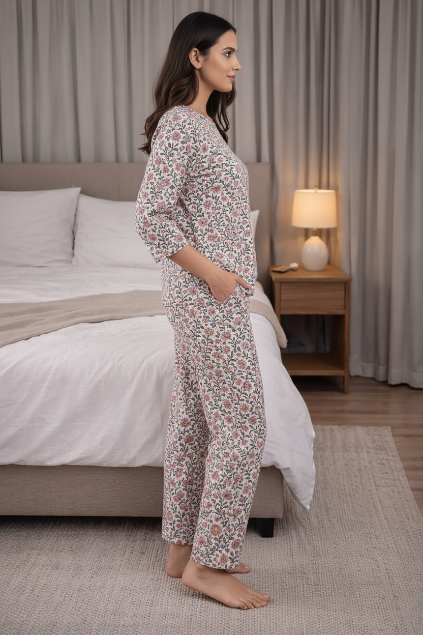 Women’s Pure Cotton Night Suit Set | Floral Printed Top & Pajama Set | Soft Breathable Sleepwear for Comfortable Night & Lounge Wear