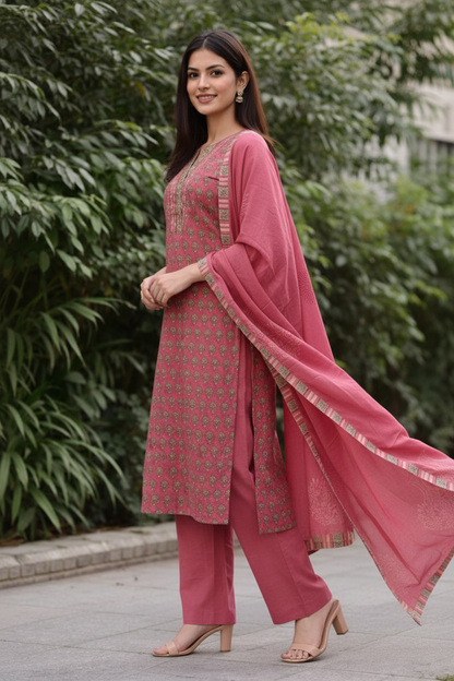 Women’s Pure Cotton Kurti Set with Dupatta – Printed Straight Kurta Pant Set | Ethnic Wear for Daily, Office & Festive Use