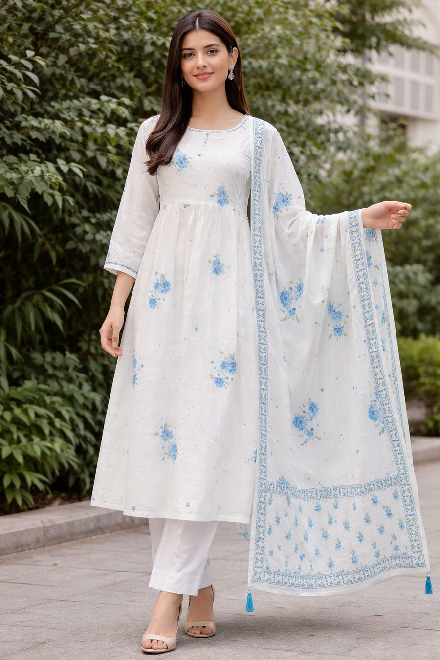 Women’s Pure Cotton Floral Kurti Set with Dupatta – A-Line Kurta Pant Set | Lightweight Ethnic Wear for Summer, Office & Daily Wear