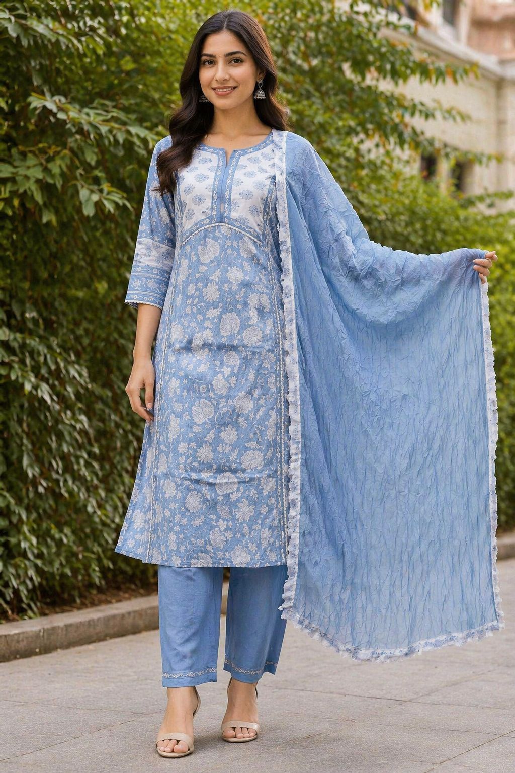 Women’s Pure Cotton Printed Kurti Set with Dupatta – Blue Floral Ethnic Kurta Pant Set | Lightweight Summer Wear