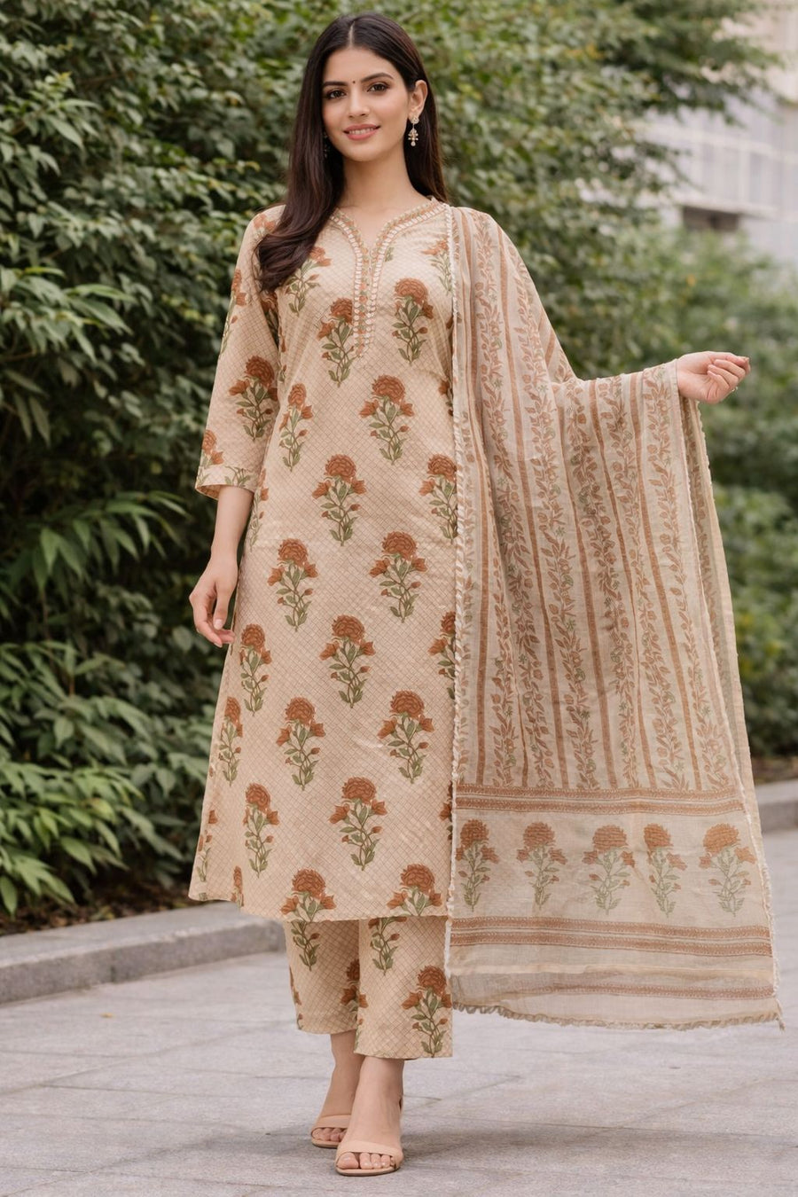 Women’s Pure Cotton Floral Printed Kurti Set with Dupatta – Beige Ethnic Kurta Pant Set | Lightweight Summer Wear