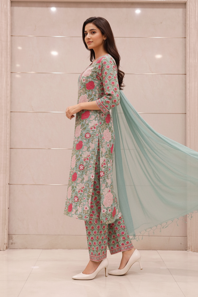 Women’s Pure Cotton Floral Printed Kurti Set with Dupatta | Soft Breathable Ethnic Suit for Summer | Casual, Office & Festive Wear