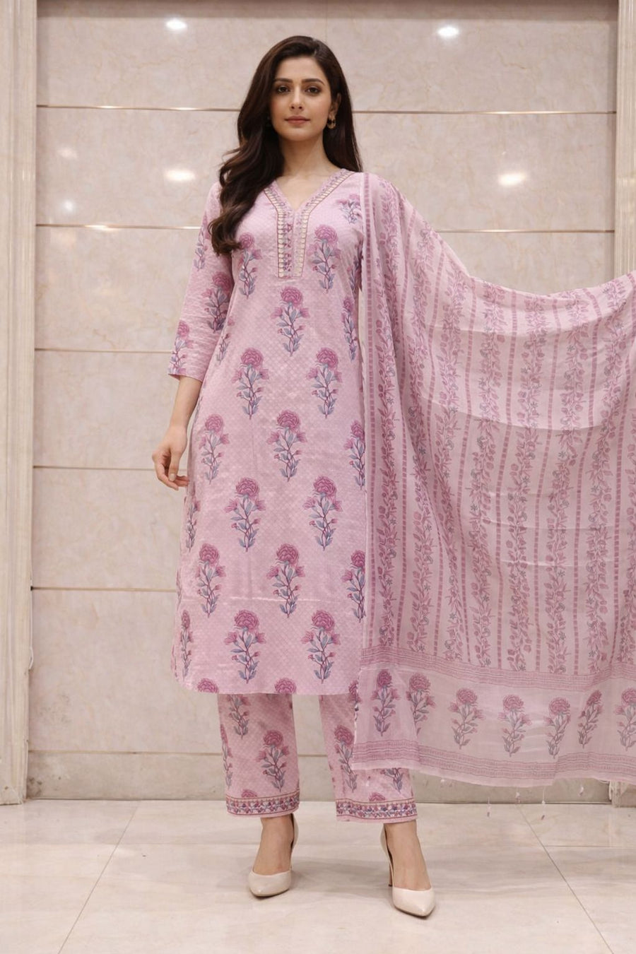 Women’s Pure Cotton Pink Floral Printed Kurti Set with Dupatta | Soft Breathable Ethnic Suit | Summer Casual, Office & Festive Wear
