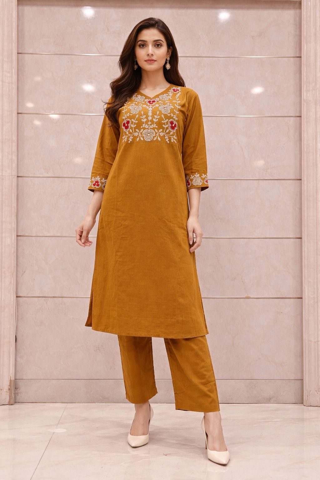 Women’s Pure Cotton Mustard Kurti Pant Set | Embroidered Ethnic Kurta with 3/4 Sleeves | Soft Breathable Daily Wear, Office & Festive Outfit