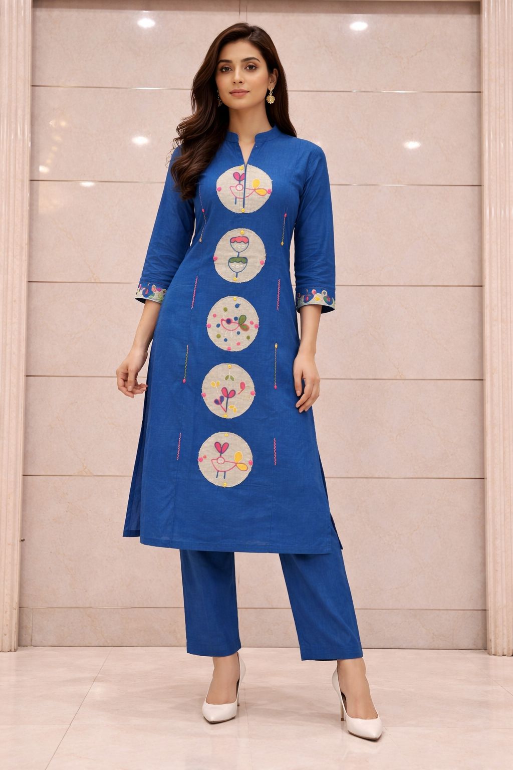 Women’s Pure Cotton Blue Kurti Pant Set with Embroidered Circular Motifs | Straight Fit Ethnic Kurta Set for Daily Wear, Office & Casual