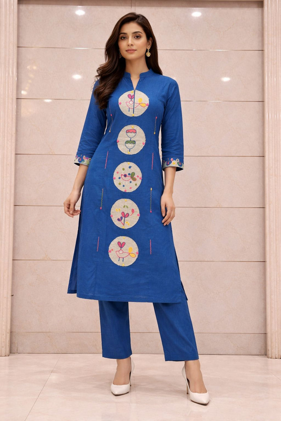Women’s Pure Cotton Blue Kurti Pant Set with Embroidered Circular Motifs | Straight Fit Ethnic Kurta Set for Daily Wear, Office & Casual