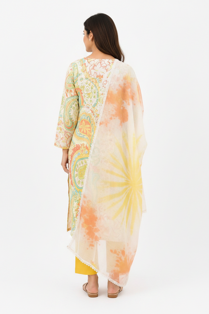 Women Multicolor Cotton Kurti Set with Dupatta | Printed Ethnic Suit Set with Straight Pants | Lightweight Summer Wear