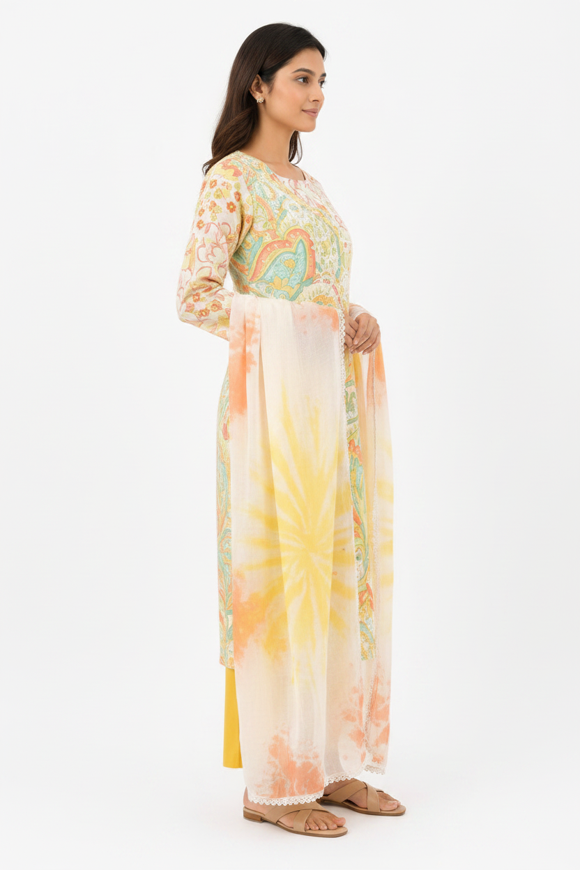 Women Multicolor Cotton Kurti Set with Dupatta | Printed Ethnic Suit Set with Straight Pants | Lightweight Summer Wear