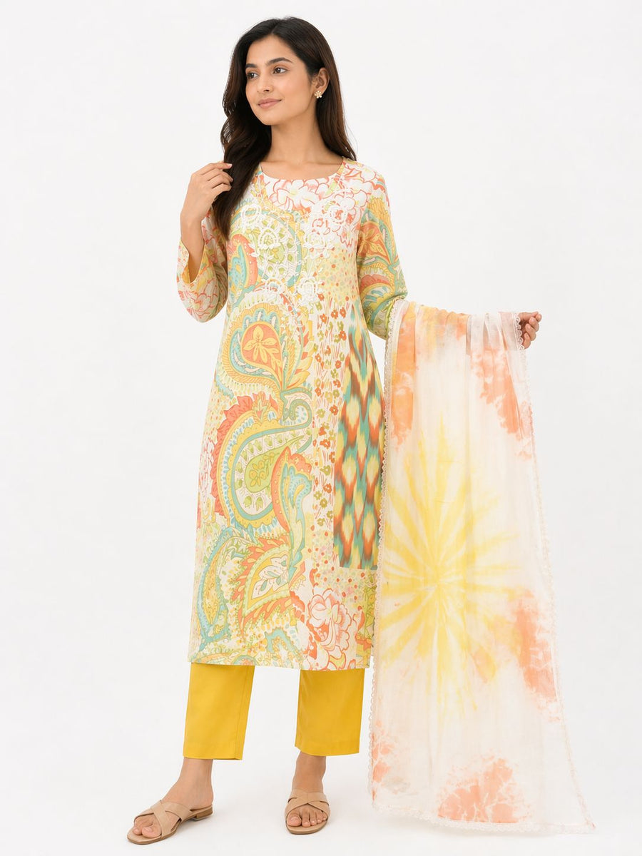 Women Multicolor Cotton Kurti Set with Dupatta | Printed Ethnic Suit Set with Straight Pants | Lightweight Summer Wear