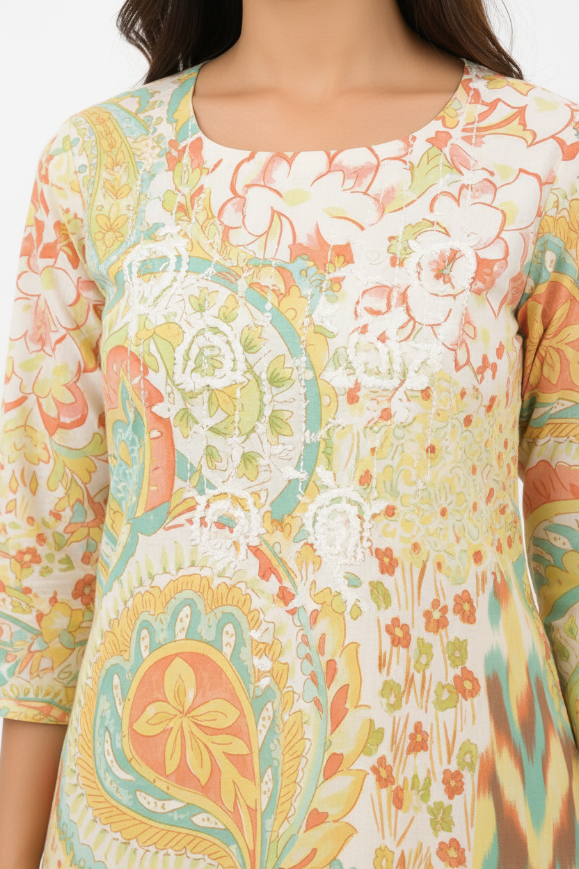 Women Multicolor Cotton Kurti Set with Dupatta | Printed Ethnic Suit Set with Straight Pants | Lightweight Summer Wear
