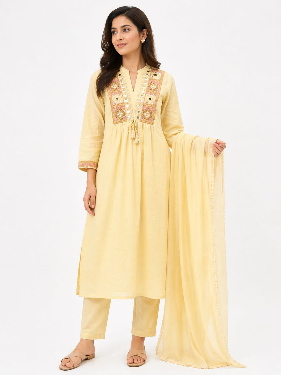 Women Yellow Cotton Kurti Set with Dupatta | Embroidered Ethnic Suit Set with Straight Pants | Soft Summer Wear