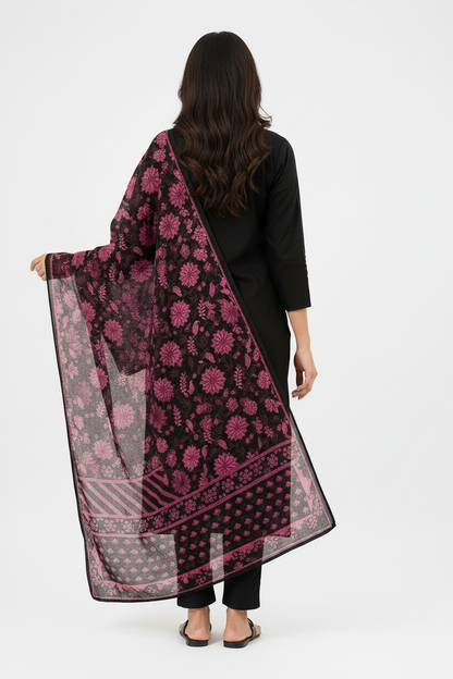 Women Black Cotton Kurti Set with Dupatta | Embroidered Ethnic Kurta Pant Set | Floral Design Straight Fit Kurti for Daily & Festive Wear