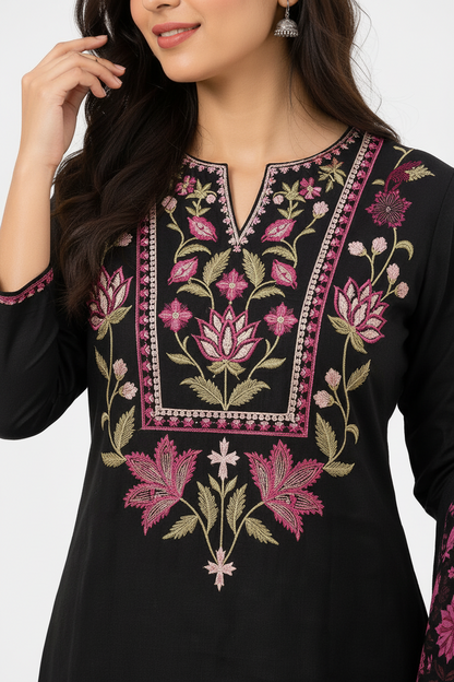 Women Black Cotton Kurti Set with Dupatta | Embroidered Ethnic Kurta Pant Set | Floral Design Straight Fit Kurti for Daily & Festive Wear