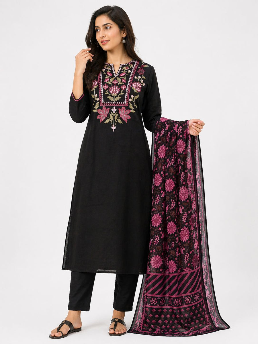 Women Black Cotton Kurti Set with Dupatta | Embroidered Ethnic Kurta Pant Set | Floral Design Straight Fit Kurti for Daily & Festive Wear