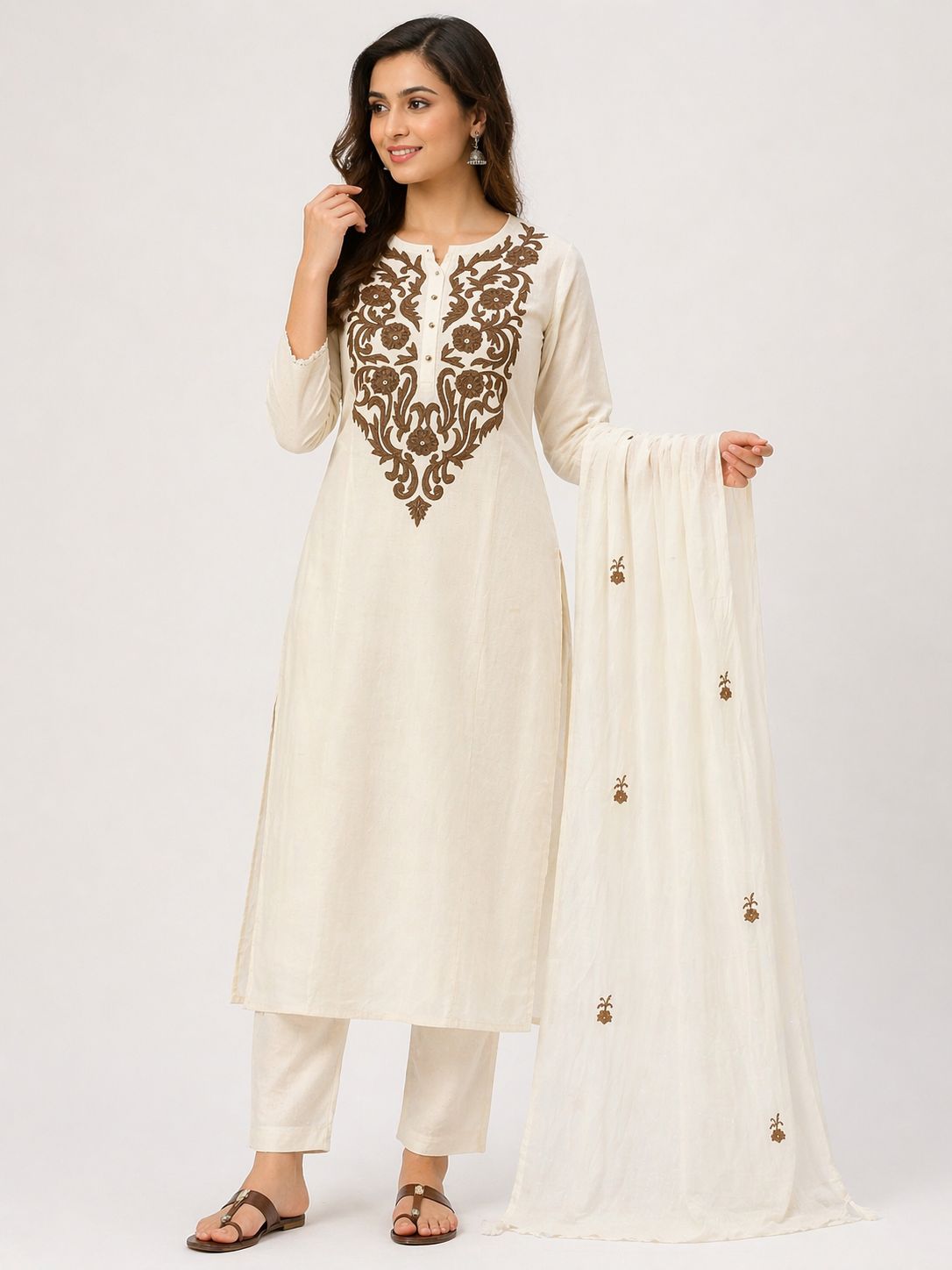 Women Off-White Khadi Cotton Kurti Set with Dupatta | Embroidered Ethnic Kurta Pant Set | Straight Fit Summer Wear for Casual & Festive