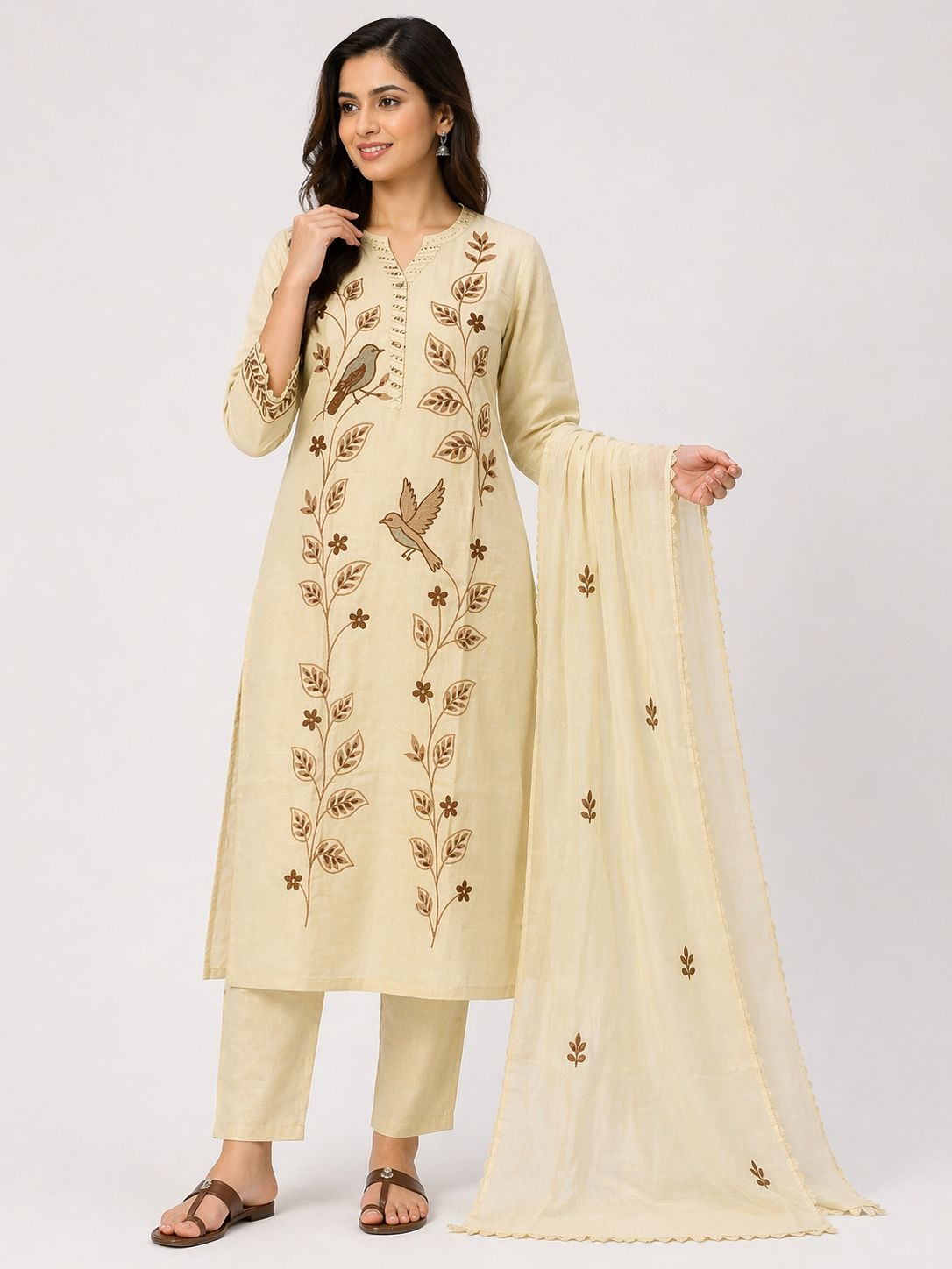 Women Beige Cotton Kurti Set with Dupatta | Floral & Bird Printed Ethnic Kurta Pant Set | Straight Fit Summer Wear for Casual & Festive