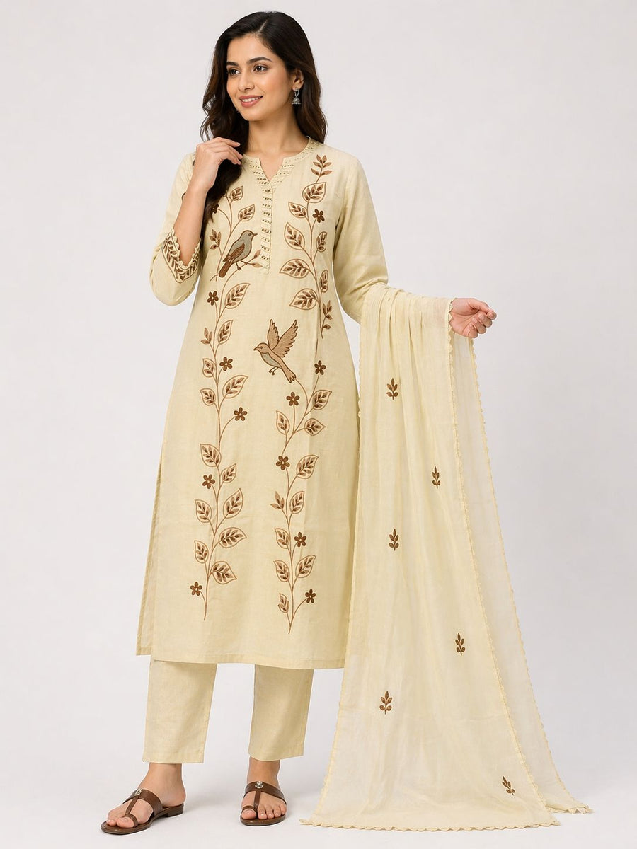 Women Beige Cotton Kurti Set with Dupatta | Floral & Bird Printed Ethnic Kurta Pant Set | Straight Fit Summer Wear for Casual & Festive