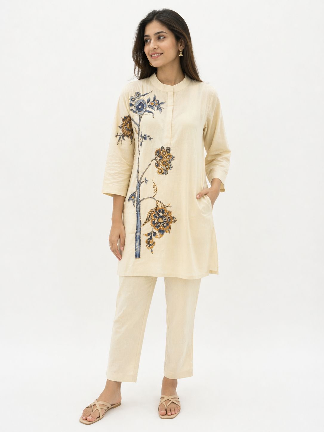Women Cream Khadi Cotton Co-Ord Set | Printed Kurta with Straight Pants | Soft Breathable Ethnic Casual Wear Set for Summer