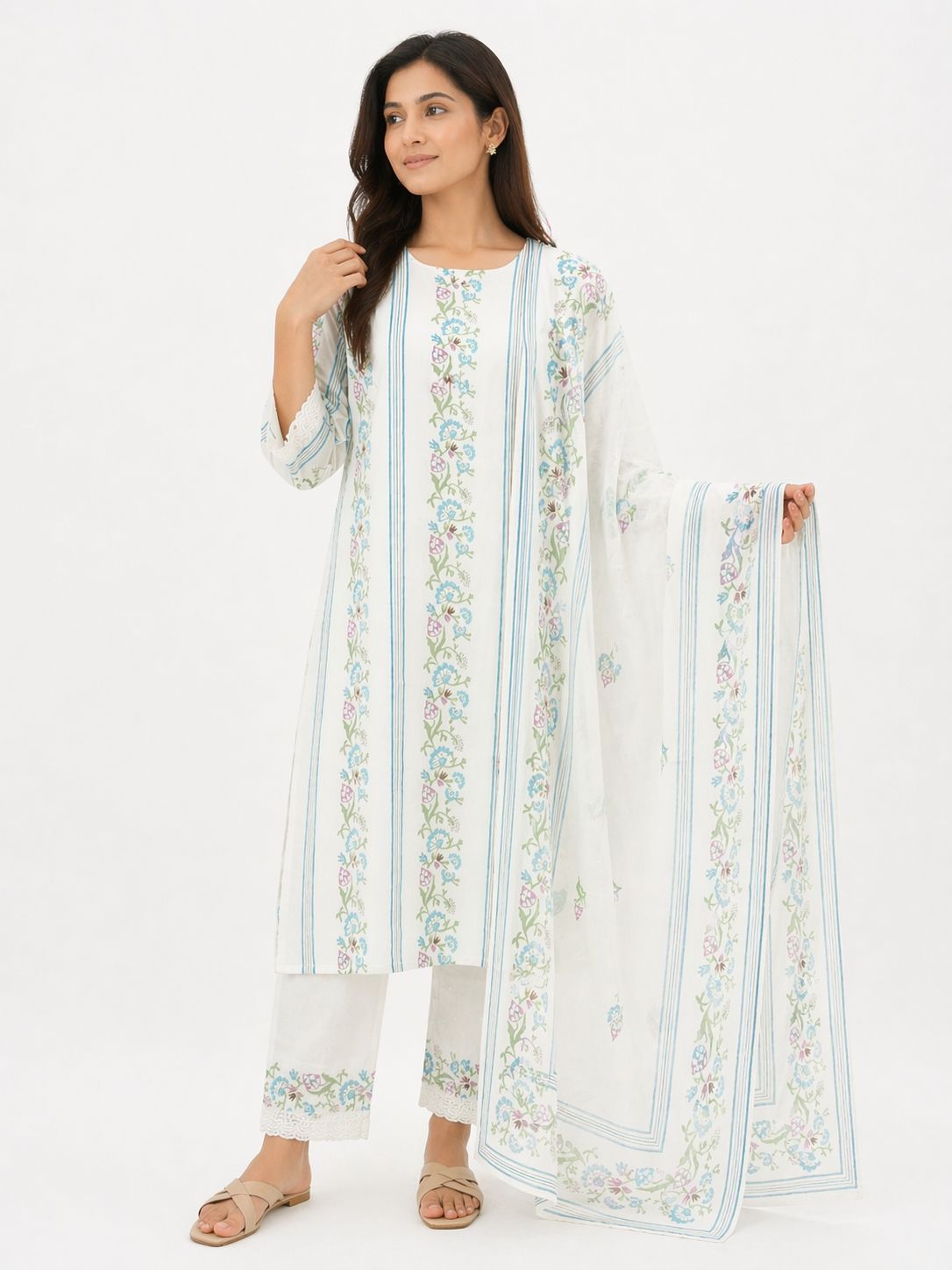 Women White Cotton Printed Kurti Set with Dupatta | Floral Ethnic Suit Set with Straight Pants | Lightweight Summer Wear