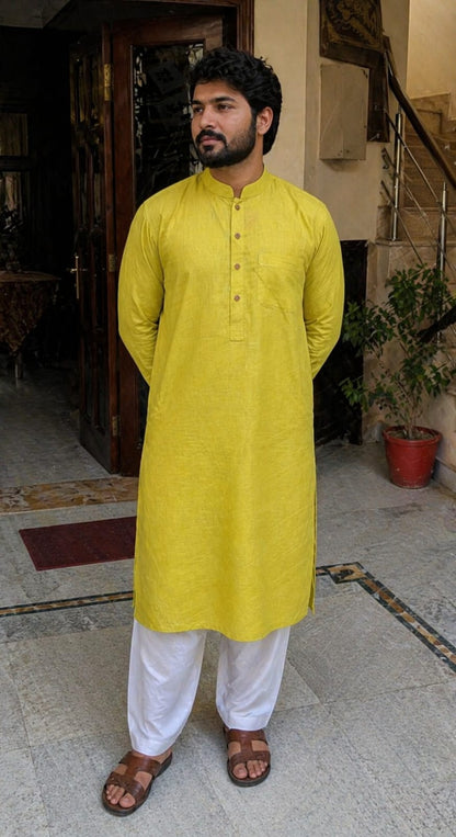 Men’s Cotton Long Kurta – Solid Yellow Ethnic Wear, Breathable Casual Traditional Kurta for Men