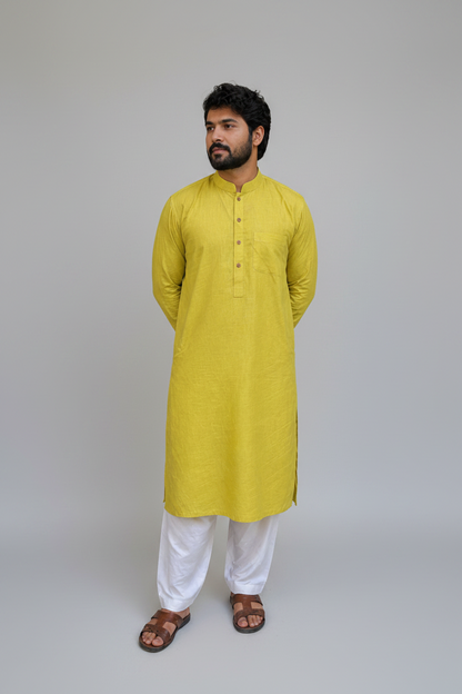 Men’s Cotton Long Kurta – Solid Yellow Ethnic Wear, Breathable Casual Traditional Kurta for Men