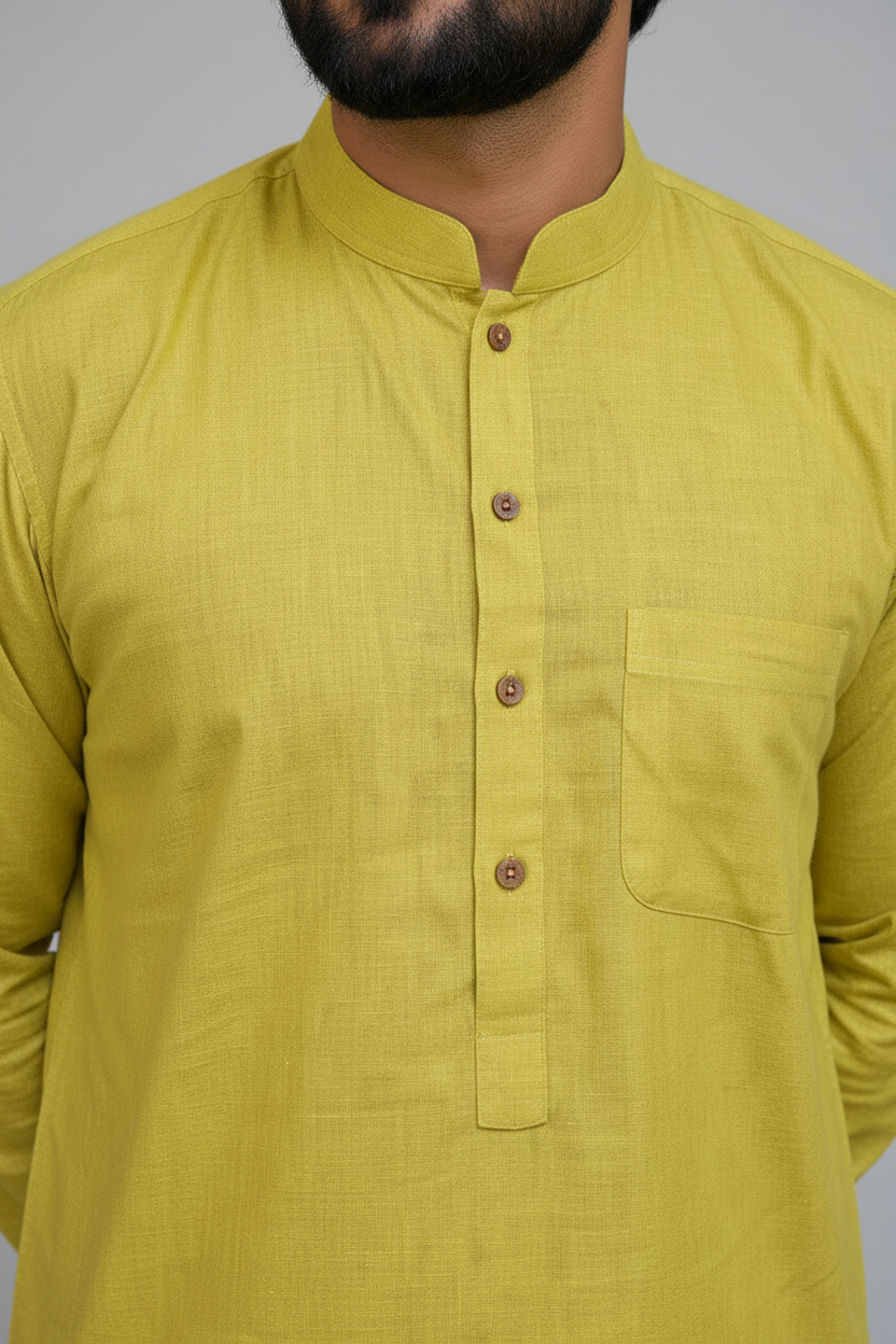 Men’s Cotton Long Kurta – Solid Yellow Ethnic Wear, Breathable Casual Traditional Kurta for Men