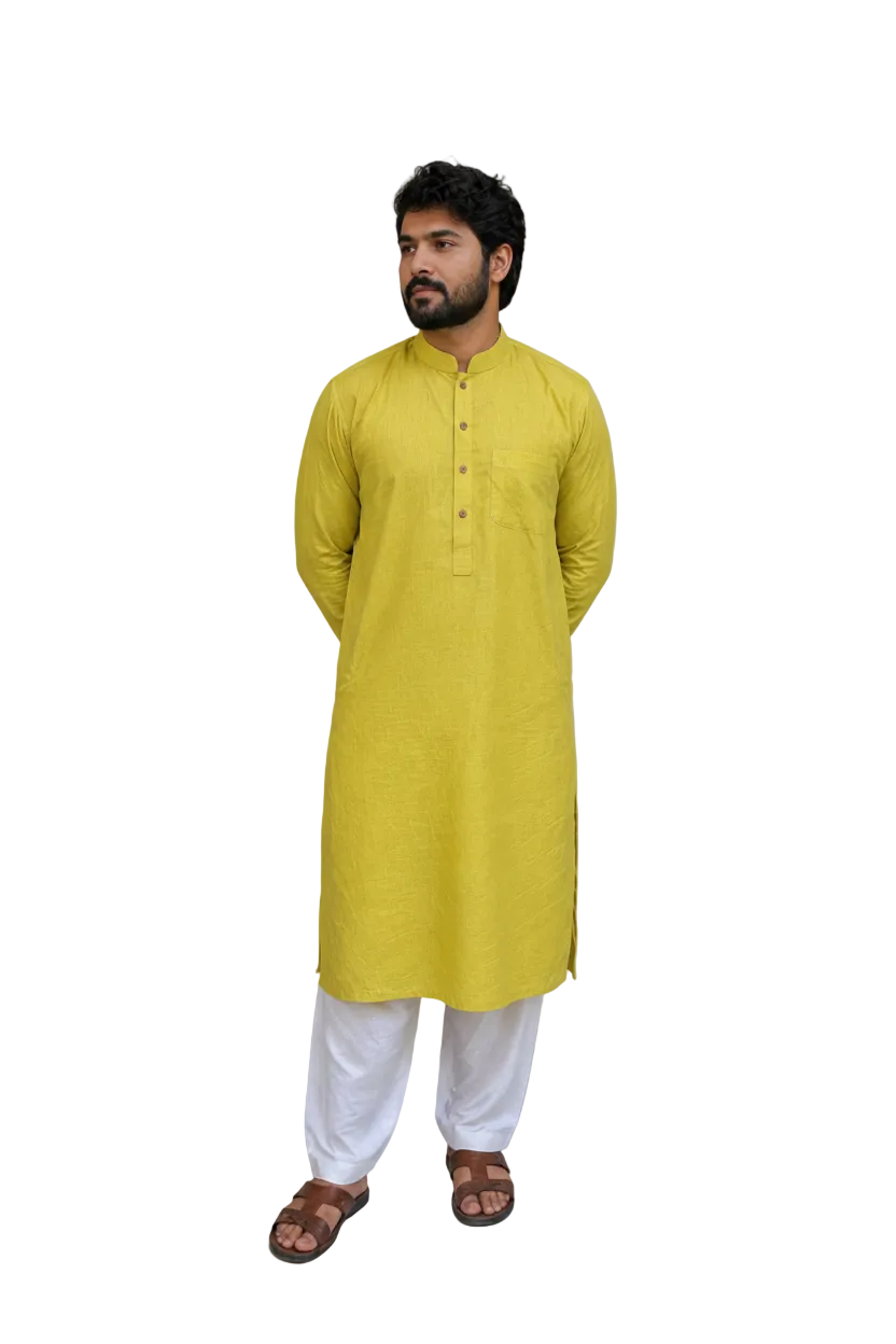 Men’s Cotton Long Kurta – Solid Yellow Ethnic Wear, Breathable Casual Traditional Kurta for Men