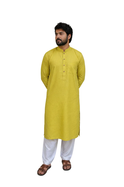 Men’s Cotton Long Kurta – Solid Yellow Ethnic Wear, Breathable Casual Traditional Kurta for Men