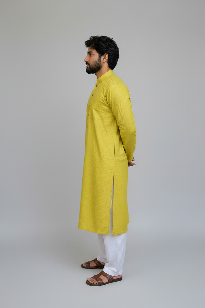 Men’s Cotton Long Kurta – Solid Yellow Ethnic Wear, Breathable Casual Traditional Kurta for Men