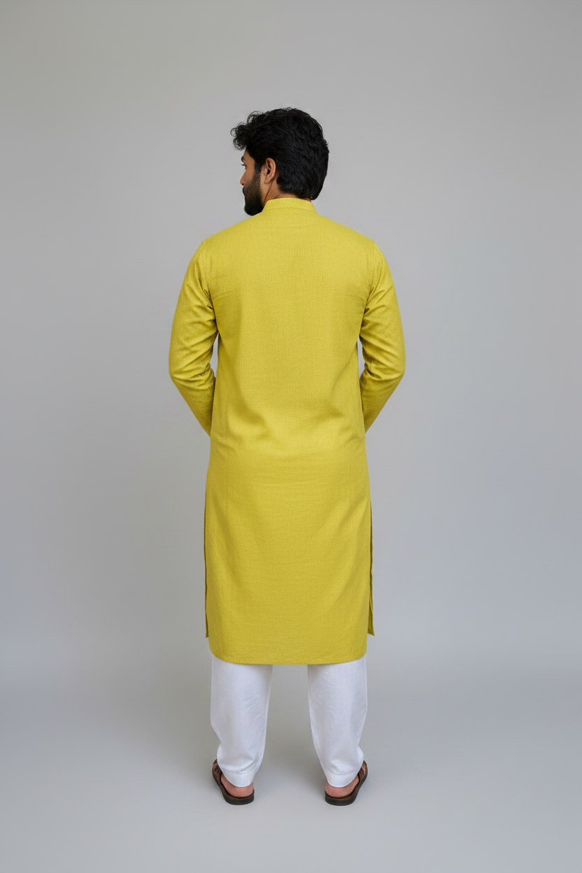 Men’s Cotton Long Kurta – Solid Yellow Ethnic Wear, Breathable Casual Traditional Kurta for Men