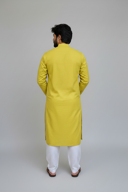 Men’s Cotton Long Kurta – Solid Yellow Ethnic Wear, Breathable Casual Traditional Kurta for Men