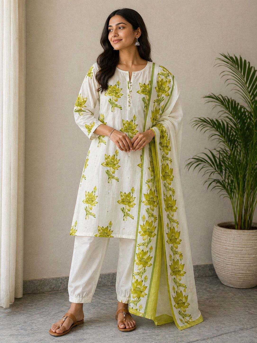 Women Cotton Kurti Set with Dupatta | Floral Printed Kurta Pant Set | Ethnic Summer Wear Outfit