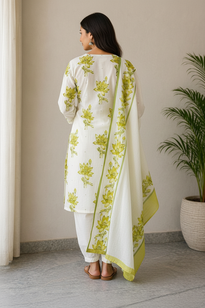 Women Cotton Kurti Set with Dupatta | Floral Printed Kurta Pant Set | Ethnic Summer Wear Outfit