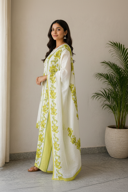 Women Cotton Kurti Set with Dupatta | Floral Printed Kurta Pant Set | Ethnic Summer Wear Outfit