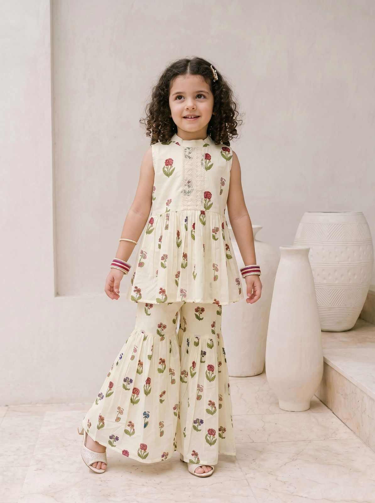 Girls Cotton Co-Ord Set Floral Printed Sleeveless Top with Sharara Pants Kids Ethnic Outfit