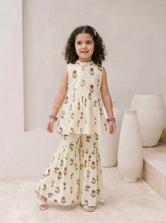 Girls Cotton Co-Ord Set Floral Printed Sleeveless Top with Sharara Pants Kids Ethnic Outfit