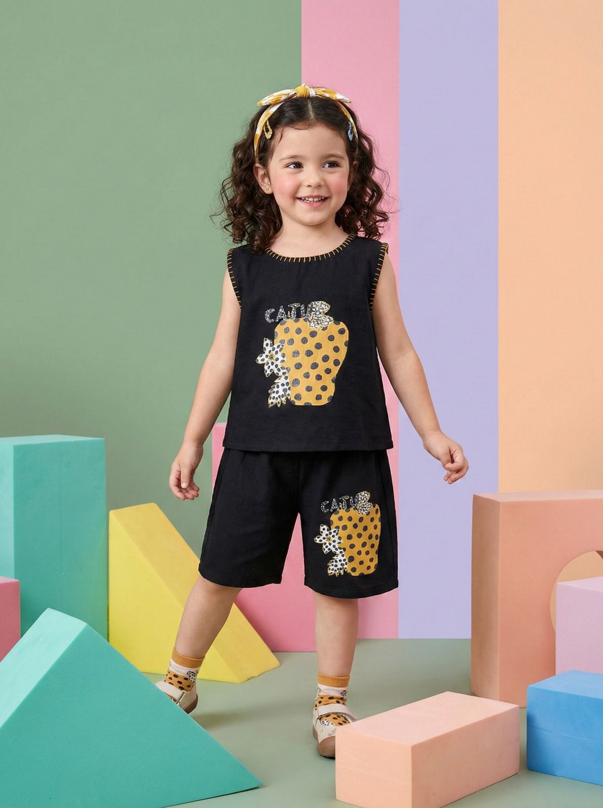Girls Cotton Co-Ord Set Black Printed Sleeveless Top & Shorts Kids Casual Summer Outfit